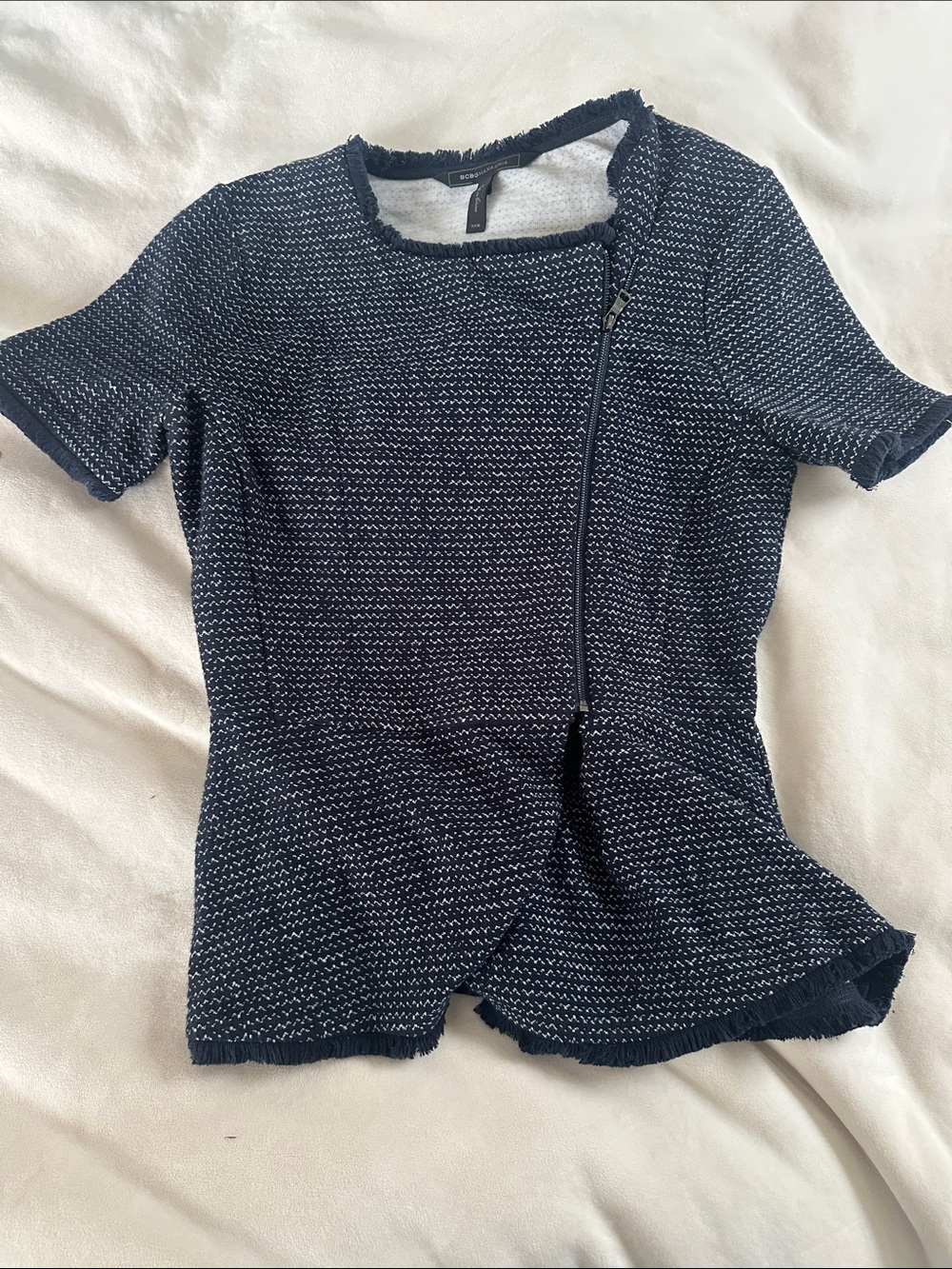 BCBGMaxAzria Tweed Short Sleeve Asymmetrical Top